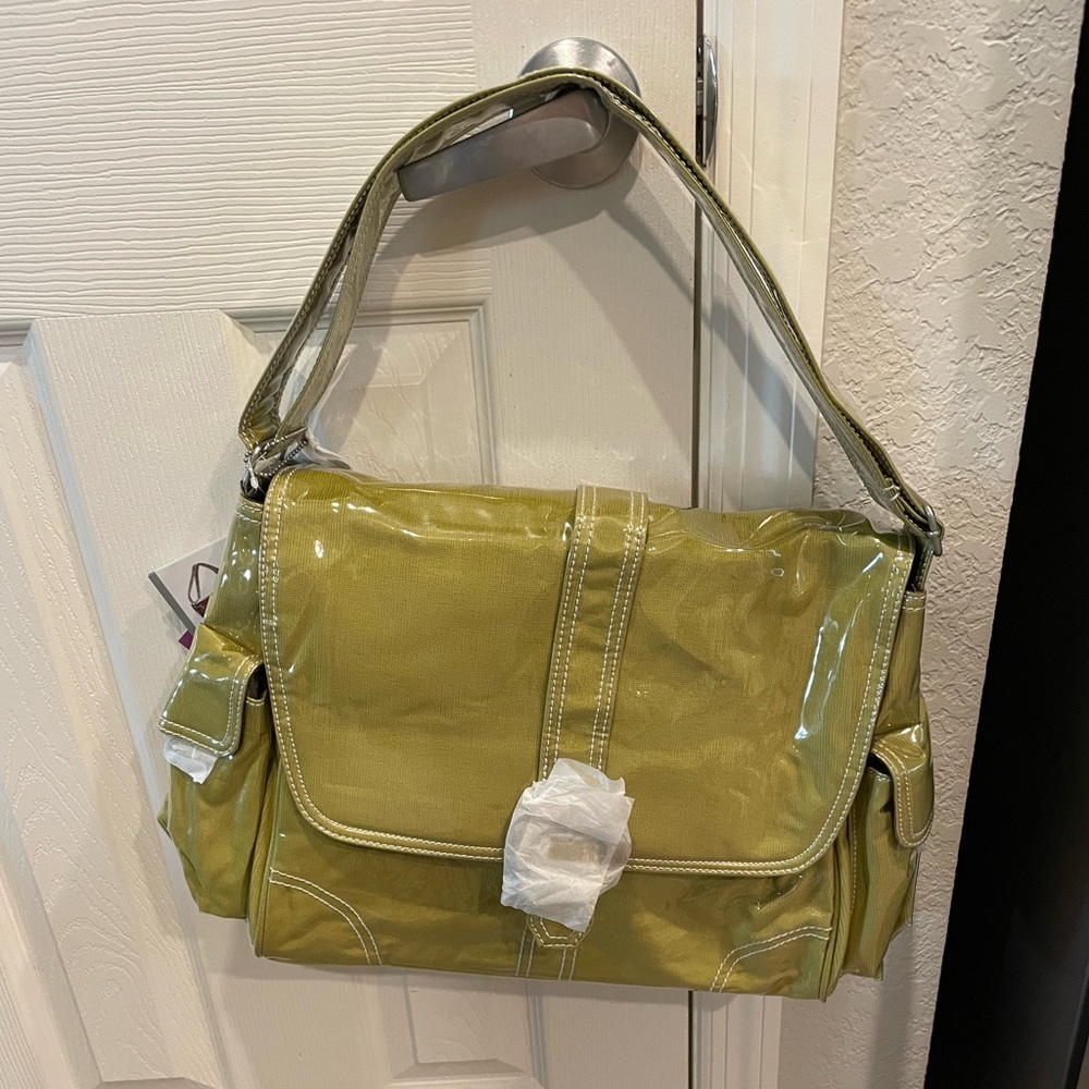 Kalencom avocado green laminated canvas crossbody buckle Close diaper bag set